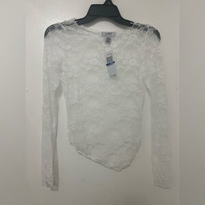 Just Polly Juniors' Long-Sleeve Knit Lace White. Small.